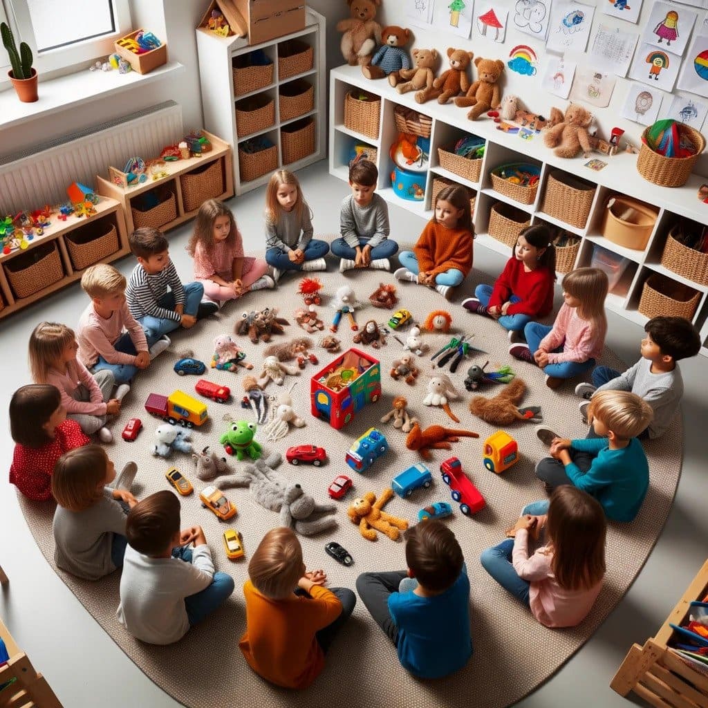 Kinder sammeln und besprechen Gegenstände, welche Müll werden könnten.