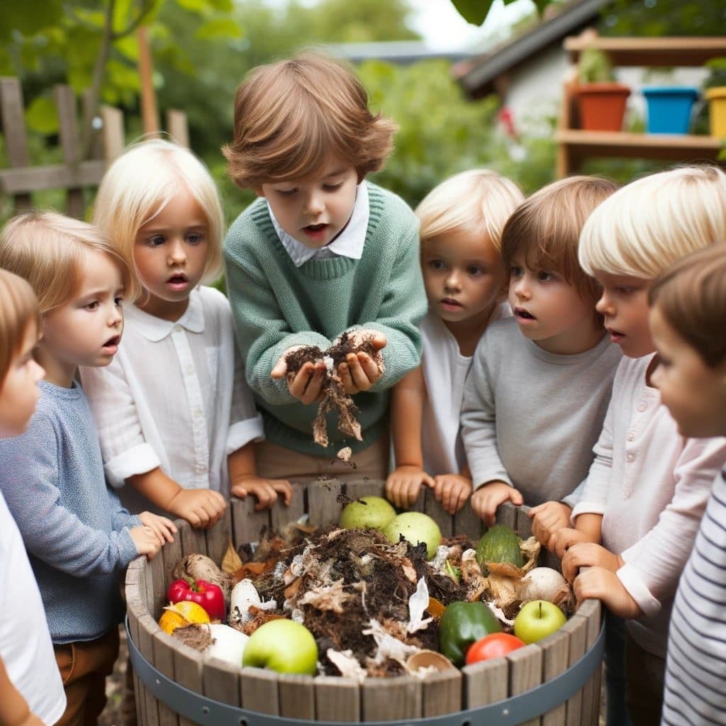 Kinder entdecken einen Komposthaufen in der Kita.