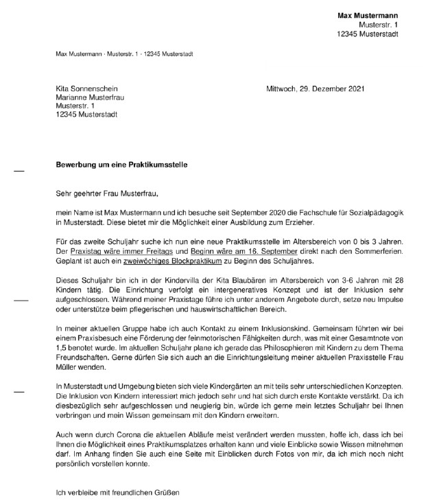 Bewerbungsschreiben einer Erzieherin während der Ausbildung als kostenlose Vorlage.