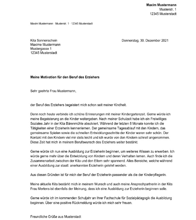 Beispiel eines Motivationsschreibens für die Fachschule oder Hochschule für Kindheitspädagogik.