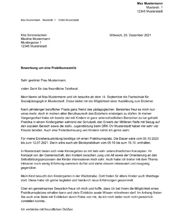 Bewerbungsschreiben für die erste Praxisstelle einer Erzieherin oder für die PIA Ausbildung als kostenlose Vorlage.